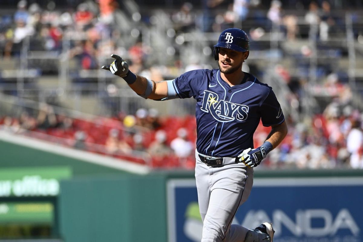 Aug 30, 2025; Washington, District of Columbia, USA; Tampa Bay Rays right fielder Josh Lowe (15) reacts after hitting a three run home run against the Washington Nationals during the first inning at Nationals Park. Mandatory Credit: Brad Mills-Imagn Images