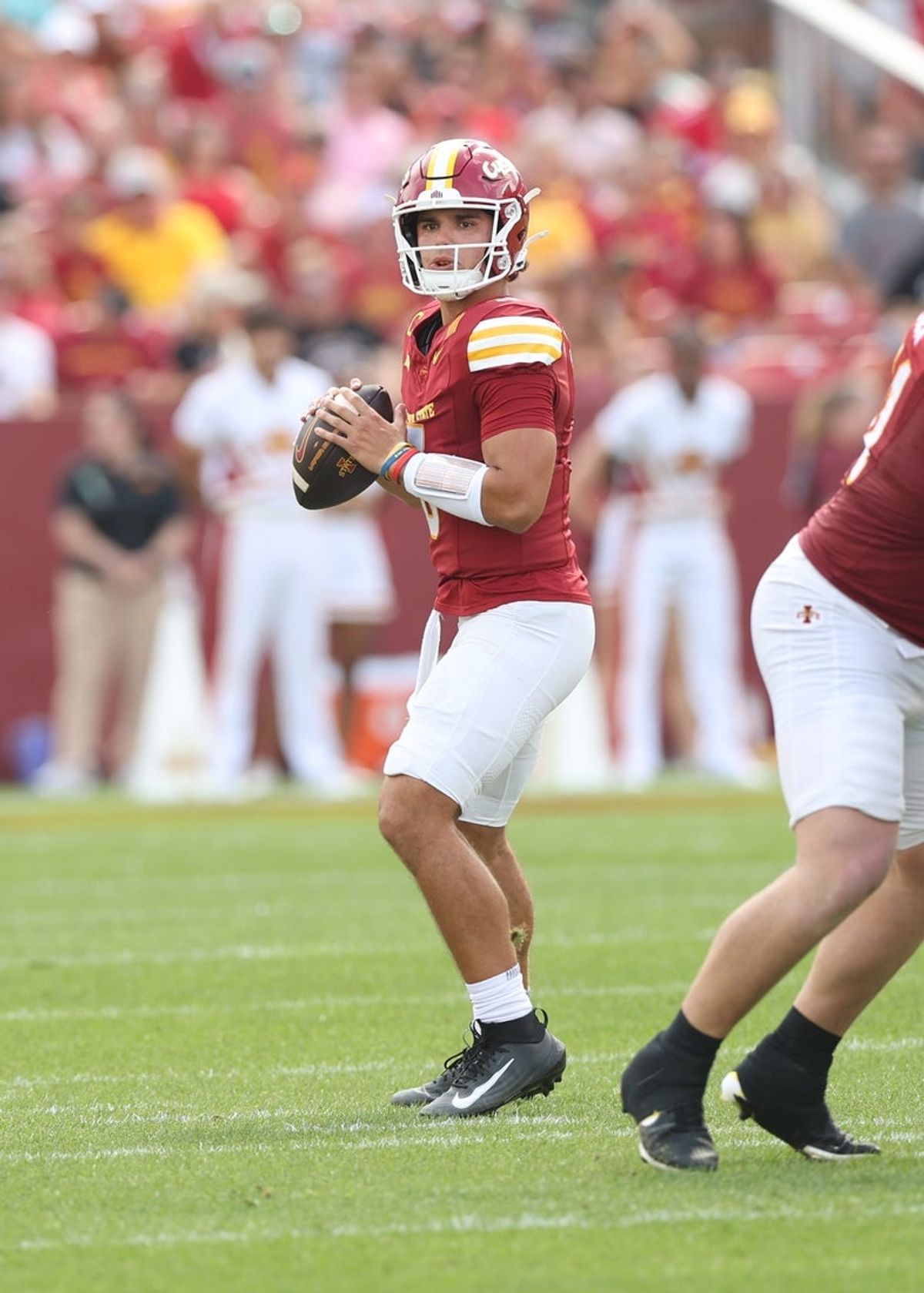 Aug 30, 2025; Ames, Iowa, USA; Iowa State Cyclones quarterback Rocco Becht (3) sits in the pockets to throw a pass against the South Dakota Coyotes at Jack Trice Stadium. Mandatory Credit: Reese Strickland-Imagn Images