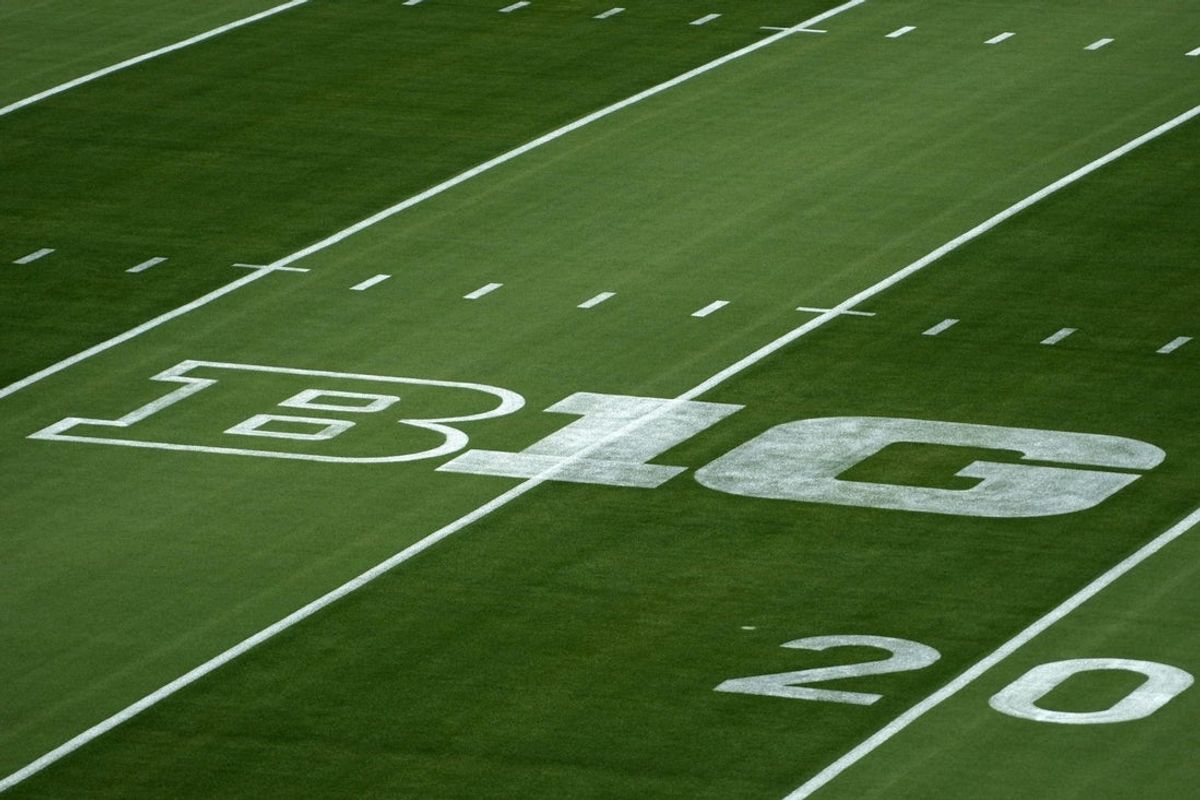 Aug 30, 2025; Los Angeles, California, USA; The Big Ten Conference logo at United Airlines Field at Los Angeles Memorial Coliseum. Mandatory Credit: Kirby Lee-Imagn Images