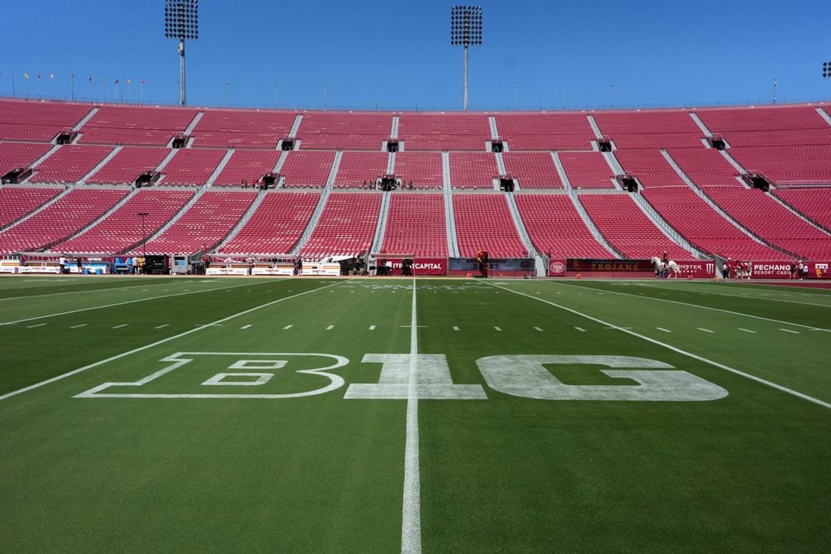 Aug 30, 2025; Los Angeles, California, USA; The Big Ten Conference logo at United Airlines Field at Los Angeles Memorial Coliseum. Mandatory Credit: Kirby Lee-Imagn Images