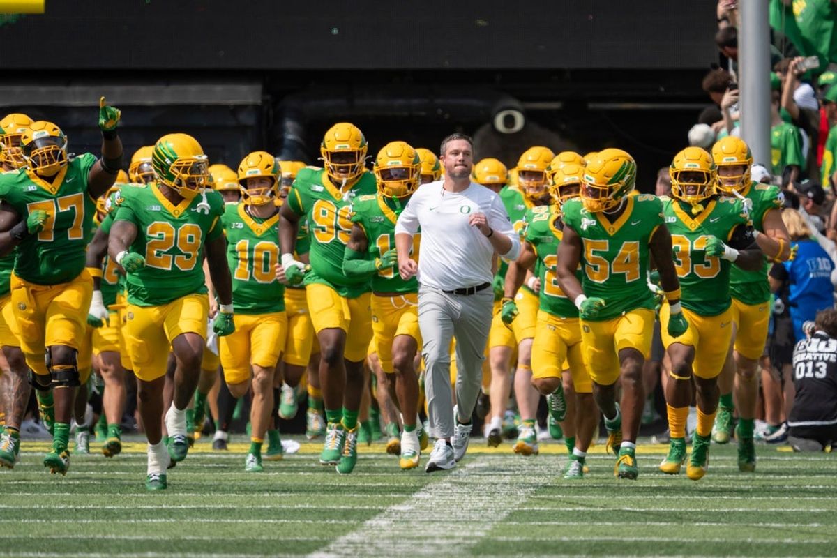 Oregon head coach Dan Lanning leads his team onto the field as the Oregon Ducks host the Montana State Bobcats on Aug. 30, 2025, at Autzen Stadium in Eugene, Oregon.
