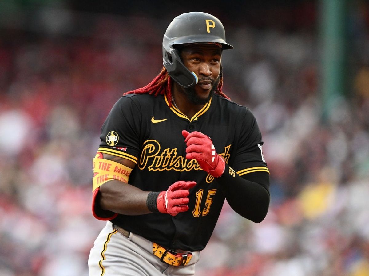 Aug 30, 2025; Boston, Massachusetts, USA; Pittsburgh Pirates center fielder Oneil Cruz (15) reacts after hitting a solo home run against the Boston Red Sox during the fifth inning at Fenway Park. Mandatory Credit: Brian Fluharty-Imagn Images