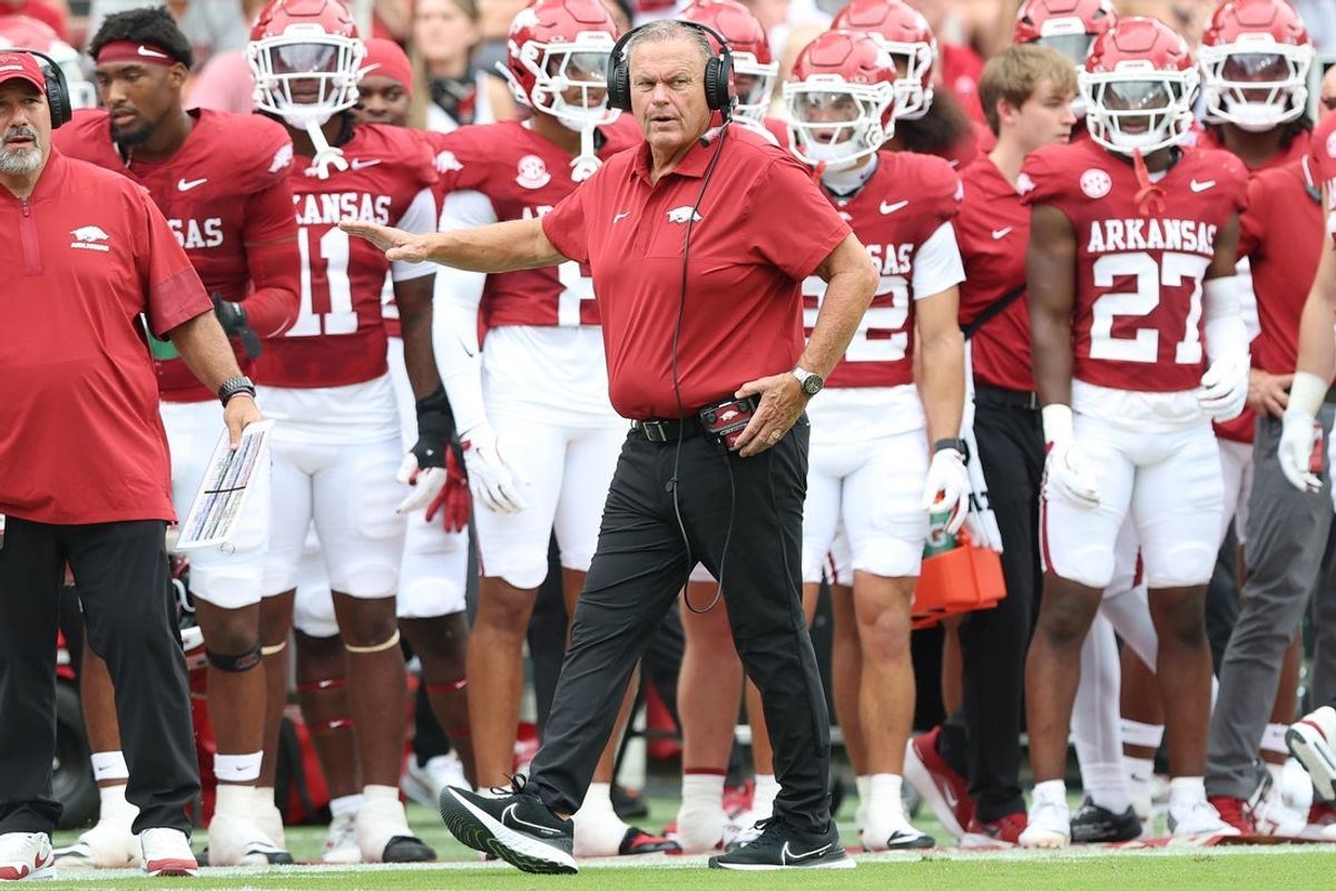 Aug 30, 2025; Fayetteville, Arkansas, USA; Arkansas Razorbacks head coach Sam Pittman during the second quarter against the Alabama A&M Bulldogs at Donald W. Reynolds Razorback Stadium. Mandatory Credit: Nelson Chenault-Imagn Images