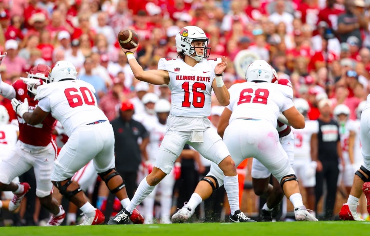 Aug 30, 2025; Norman, Oklahoma, USA;  Illinois State Redbirds quarterback Tommy Rittenhouse (16) throws against the Oklahoma Sooners during the first half at Gaylord Family-Oklahoma Memorial Stadium. Mandatory Credit: Kevin Jairaj-Imagn Images