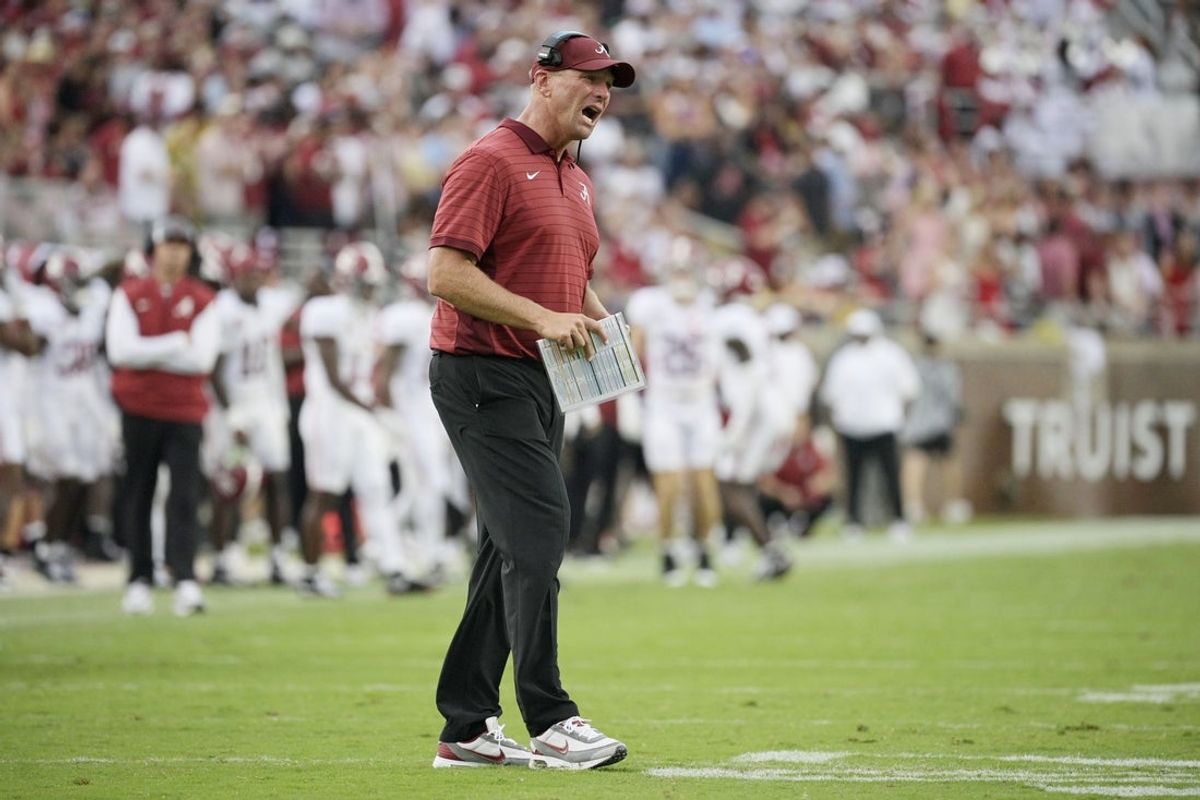 Aug 30, 2025; Tallahassee, Florida, USA; Alabama Crimson Tide head coach Kalen DeBoer reacts after a play against the Florida State Seminoles during the second half at Doak S. Campbell Stadium. Mandatory Credit: Melina Myers-Imagn Images