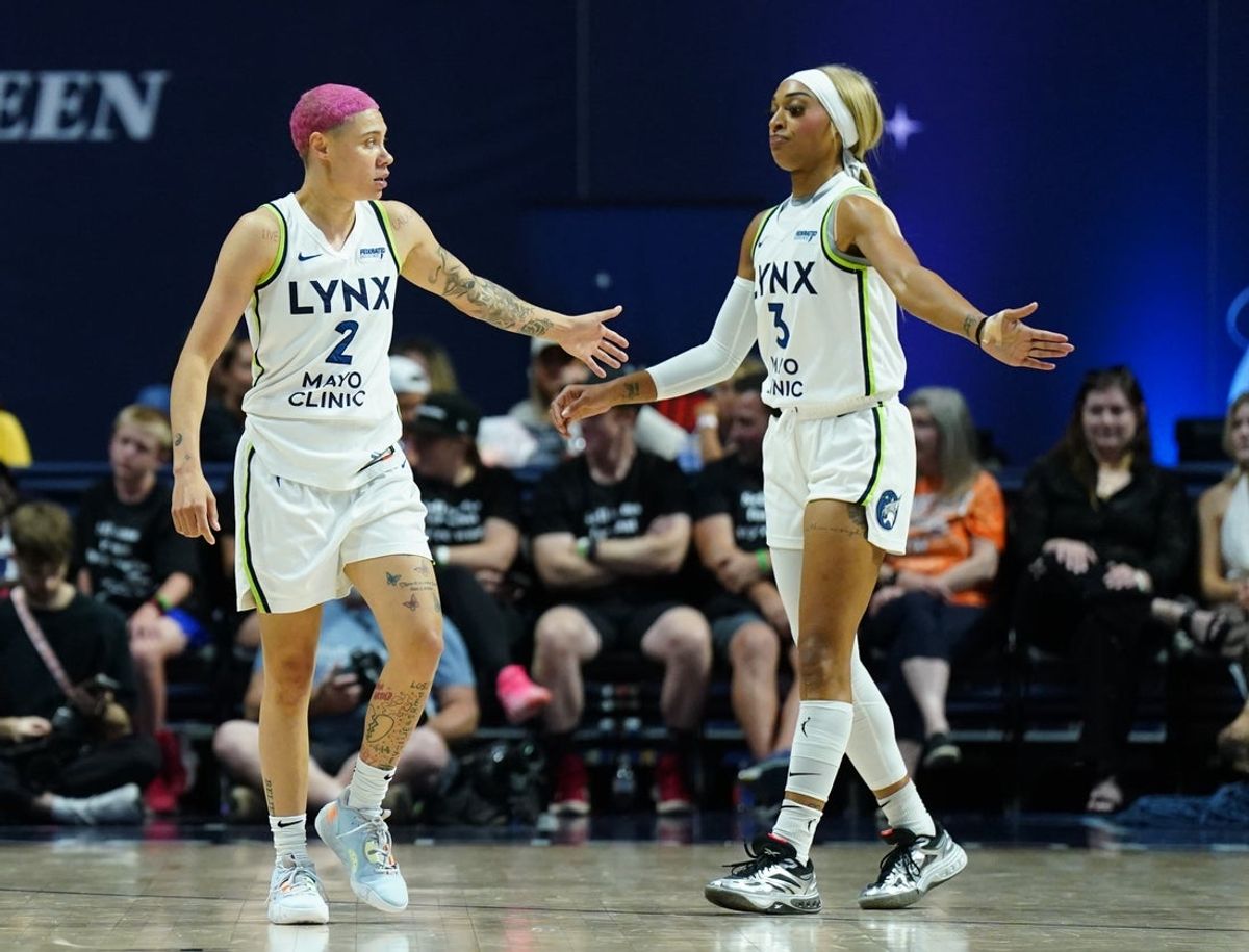 Aug 30, 2025; Uncasville, Connecticut, USA; Minnesota Lynx guard Natisha Hiedeman (2) and guard DiJonai Carrington (3) reacts after a play against the Connecticut Sun in the first half at Mohegan Sun Arena. Mandatory Credit: David Butler II-Imagn Images