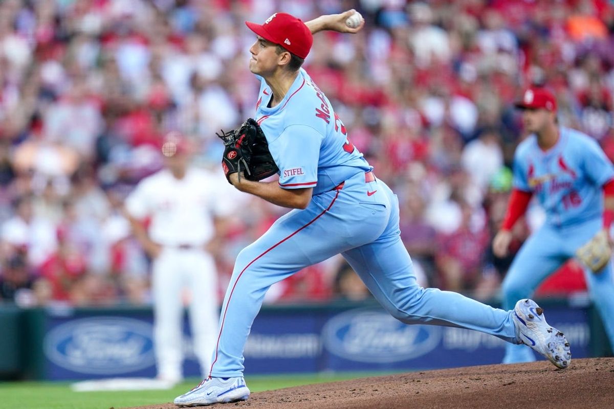 St. Louis Cardinals pitcher Michael McGreevy (36) delivers a pitch in the first inning of a MLB game between the Cincinnati Reds and St. Louis Cardinals, Aug. 30, 2025, at Great American Ball Park in downtown Cincinnati.