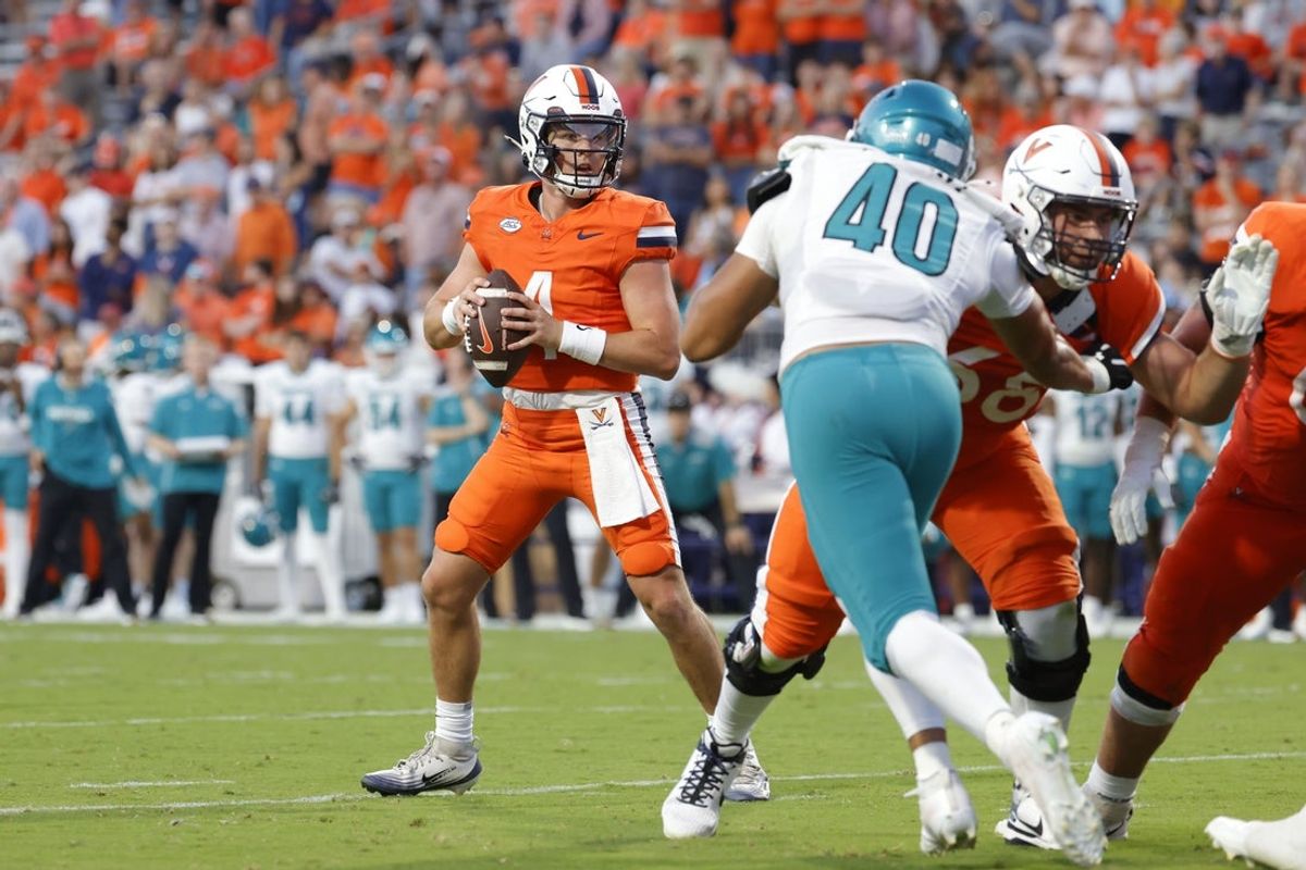 Aug 30, 2025; Charlottesville, Virginia, USA; Virginia Cavaliers quarterback Chandler Morris (4) prepares to throw the ball against the Coastal Carolina Chanticleers during the second quarter at Scott Stadium. Mandatory Credit: Amber Searls-Imagn Images