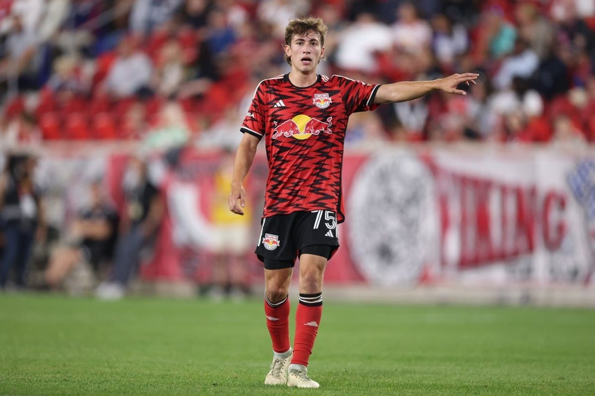 Aug 30, 2025; Harrison, New Jersey, USA; New York Red Bulls midfielder Daniel Edelman (75) in action during the first half against the Columbus Crew at Sports Illustrated Stadium. Mandatory Credit: Vincent Carchietta-Imagn Images
