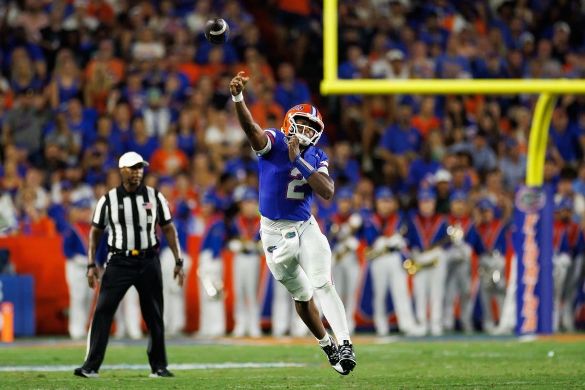 Aug 30, 2025; Gainesville, Florida, USA; Florida Gators quarterback DJ Lagway (2) throws the ball against the Long Island Sharks during the first half at Ben Hill Griffin Stadium. Mandatory Credit: Matt Pendleton-Imagn Images