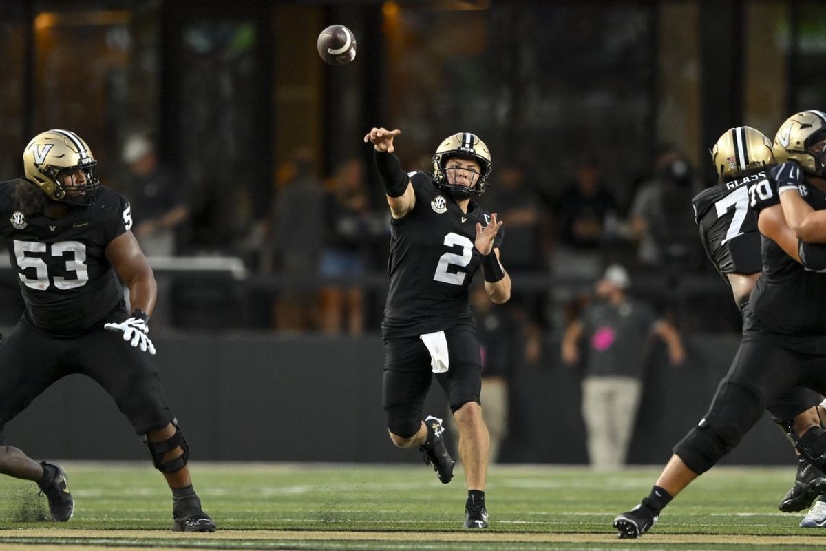 Aug 30, 2025; Nashville, Tennessee, USA;  Vanderbilt Commodores quarterback Diego Pavia (2) throws a pass against the Charleston Southern Buccaneers during the first half at FirstBank Stadium. Mandatory Credit: Steve Roberts-Imagn Images