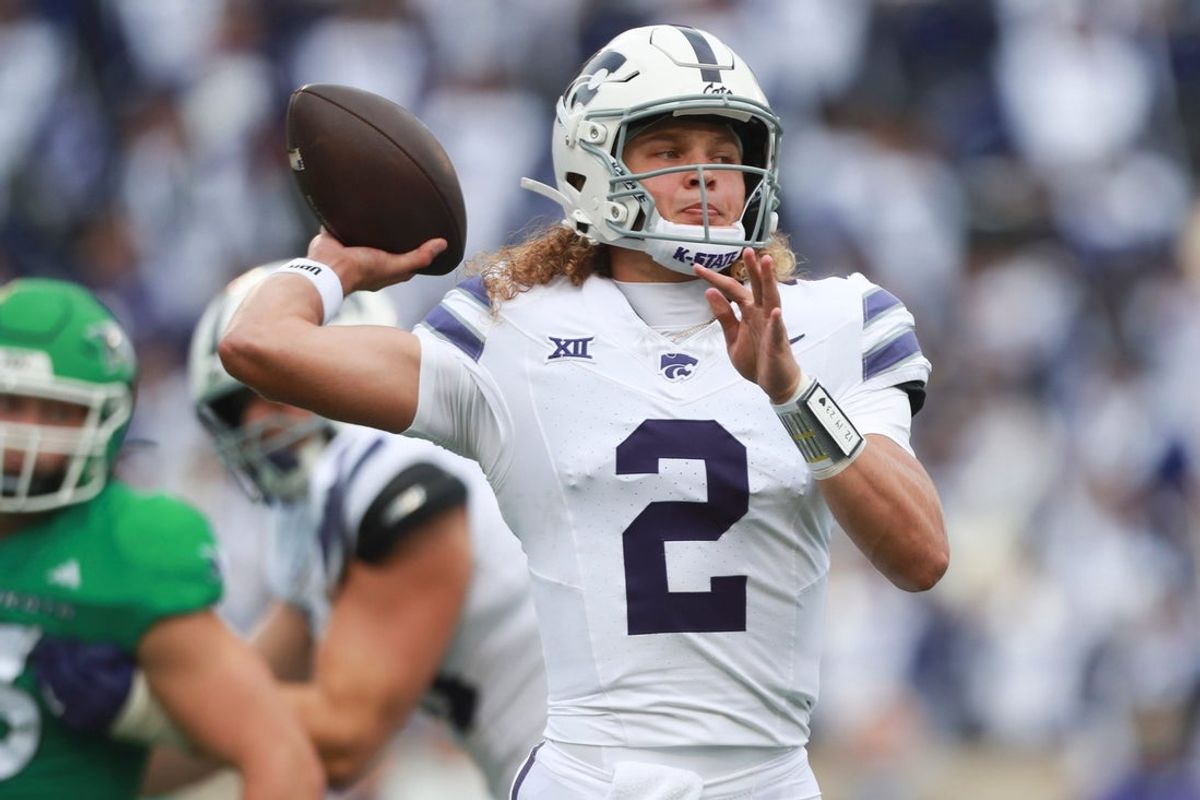 Kansas State Wildcats quarterback Avery Johnson (2) fires a throw during the first half against the North Dakota Fighting Hawks at Bill Snyder Family Stadium on Aug. 30, 2025.