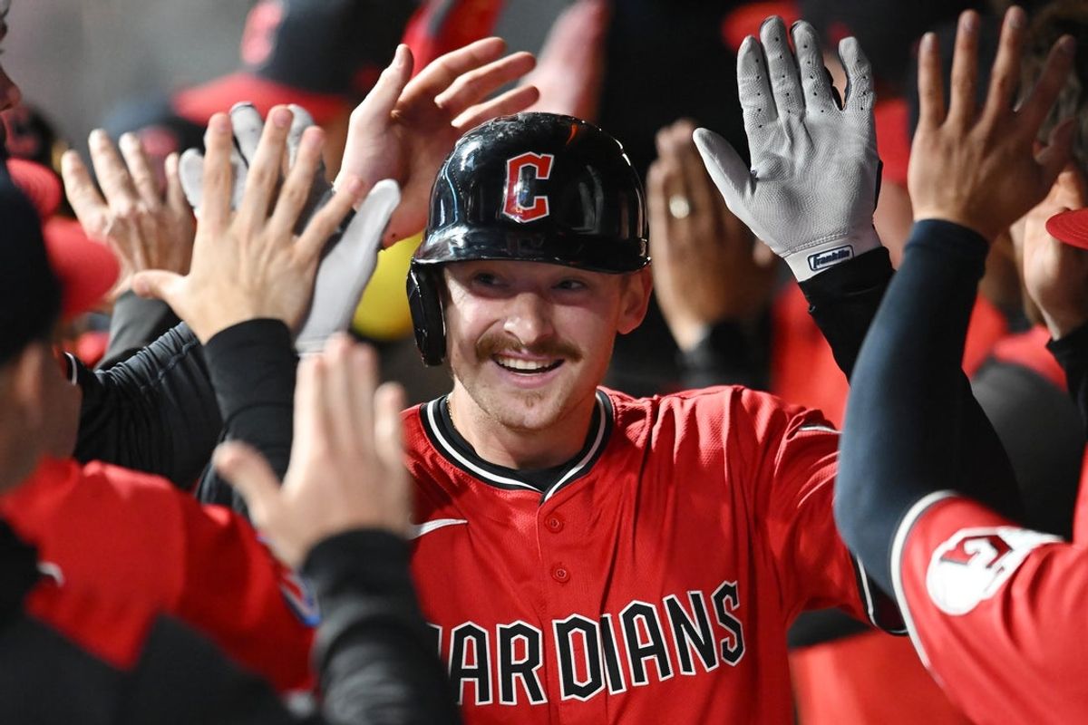 Aug 30, 2025; Cleveland, Ohio, USA; Cleveland Guardians first baseman Kyle Manzardo (9) after hitting a home run against the Seattle Mariners during the sixth inning at Progressive Field. Mandatory Credit: Ken Blaze-Imagn Images