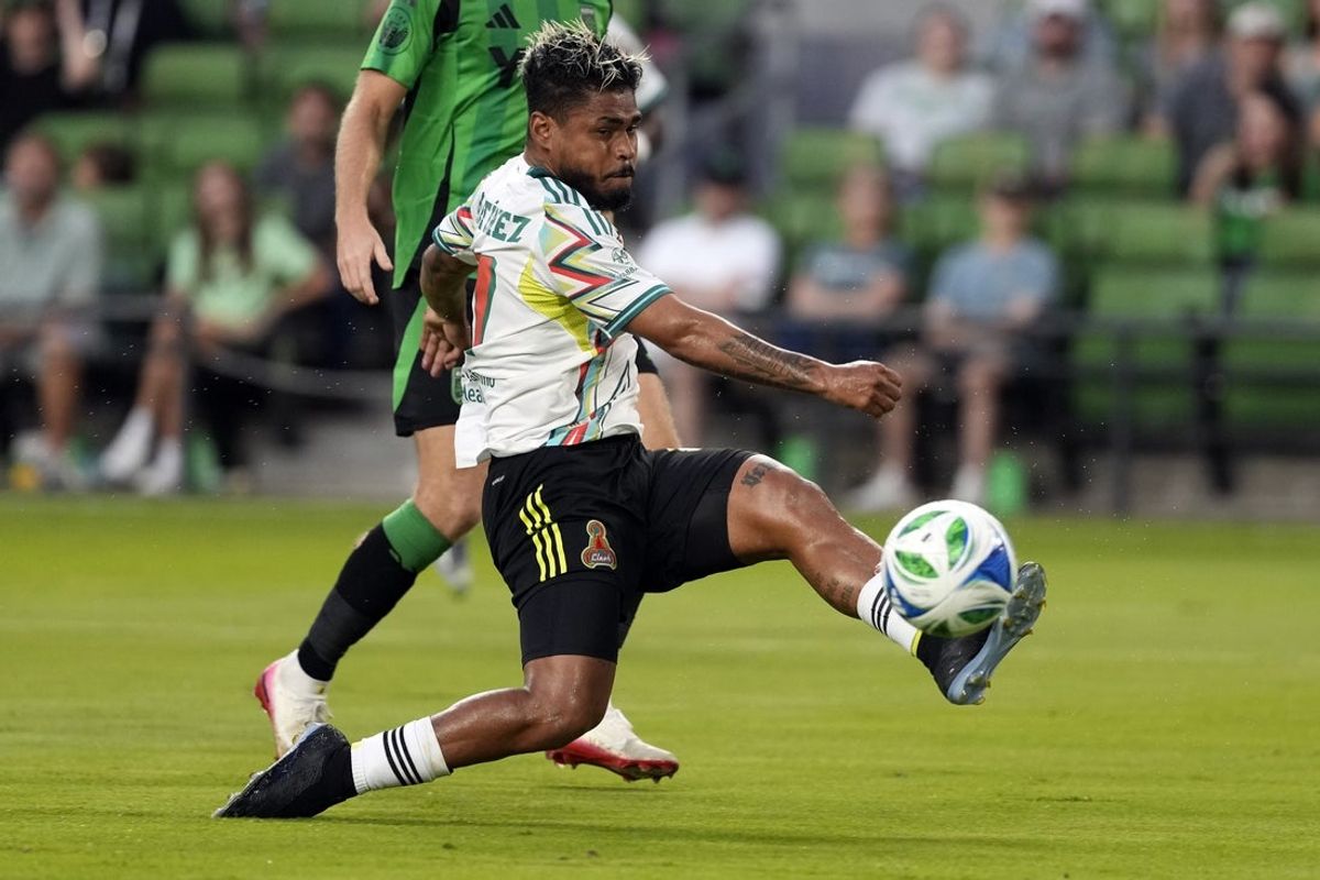 Aug 30, 2025; Austin, Texas, USA; San Jose Earthquakes forward Josef Martinez (17) shoots on goal during the first half of a match against Austin FC at Q2 Stadium. Mandatory Credit: Scott Wachter-Imagn Images