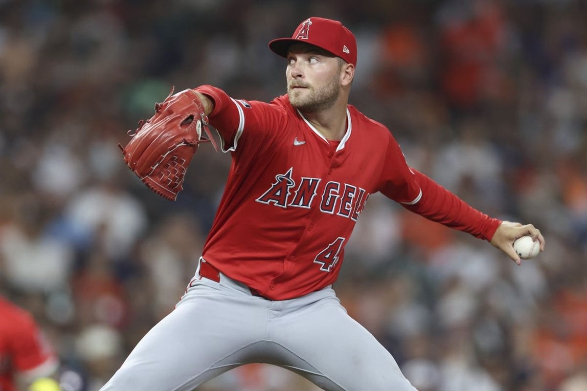 Aug 30, 2025; Houston, Texas, USA; Los Angeles Angels relief pitcher Reid Detmers (48) delivers a pitch during the seventh inning against the Houston Astros at Daikin Park. Mandatory Credit: Troy Taormina-Imagn Images
