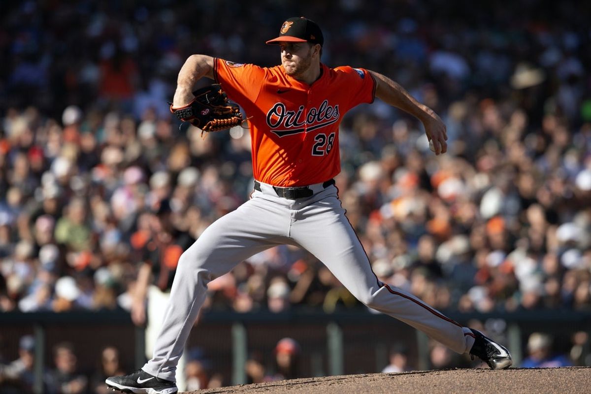 Aug 30, 2025; San Francisco, California, USA; Baltimore Orioles starting pitcher Trevor Rogers (28) delivers a pitch against the San Francisco Giants during the third inning at Oracle Park. Mandatory Credit: D. Ross Cameron-Imagn Images