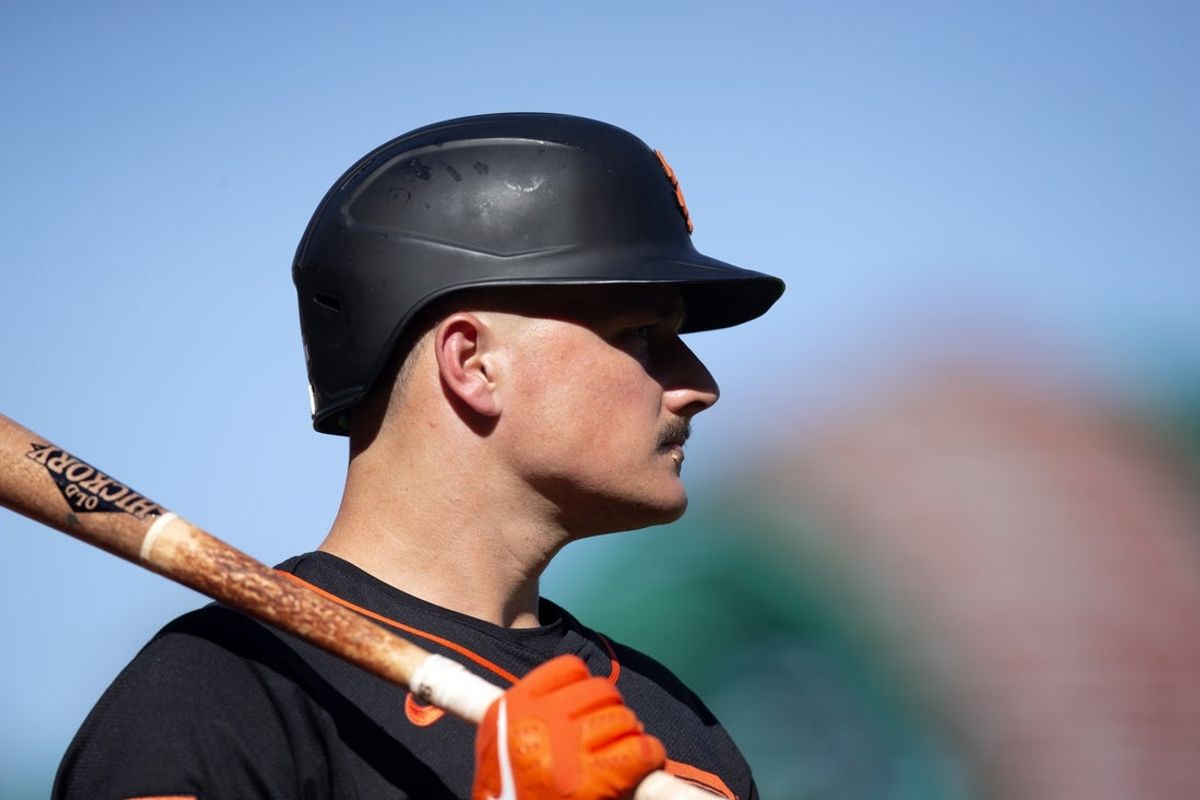 Aug 30, 2025; San Francisco, California, USA; San Francisco Giants third baseman Matt Chapman (26) waits in the on deck circle during the first inning against the Baltimore Orioles at Oracle Park. Mandatory Credit: D. Ross Cameron-Imagn Images