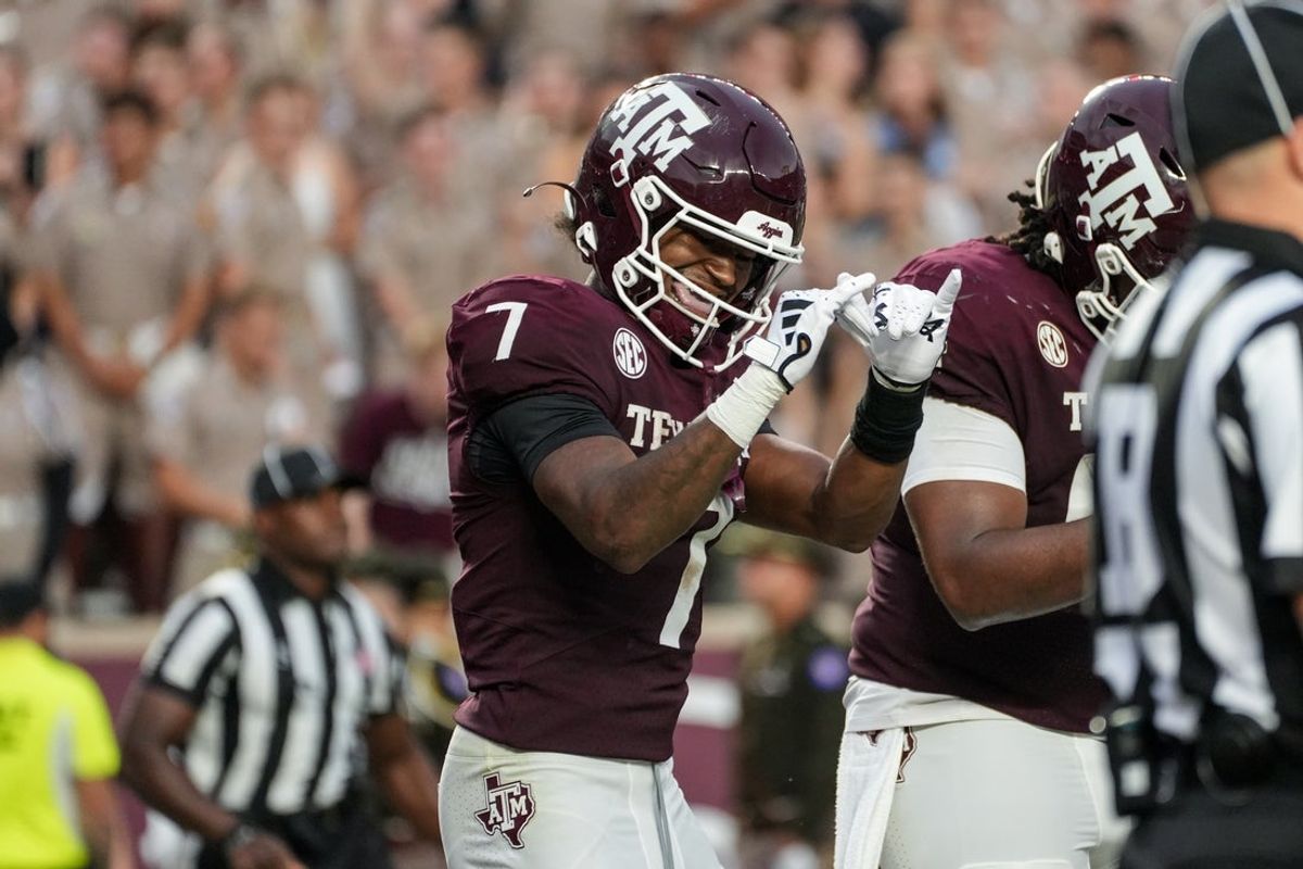 Aug 30, 2025; College Station, Texas, Texas A&M Aggies wide receiver KC Concepcion (7) celebrates after a touchdown in the second quarter against the UTSA Roadrunners USA; at Kyle Field. Mandatory Credit: Sean Thomas-Imagn Images