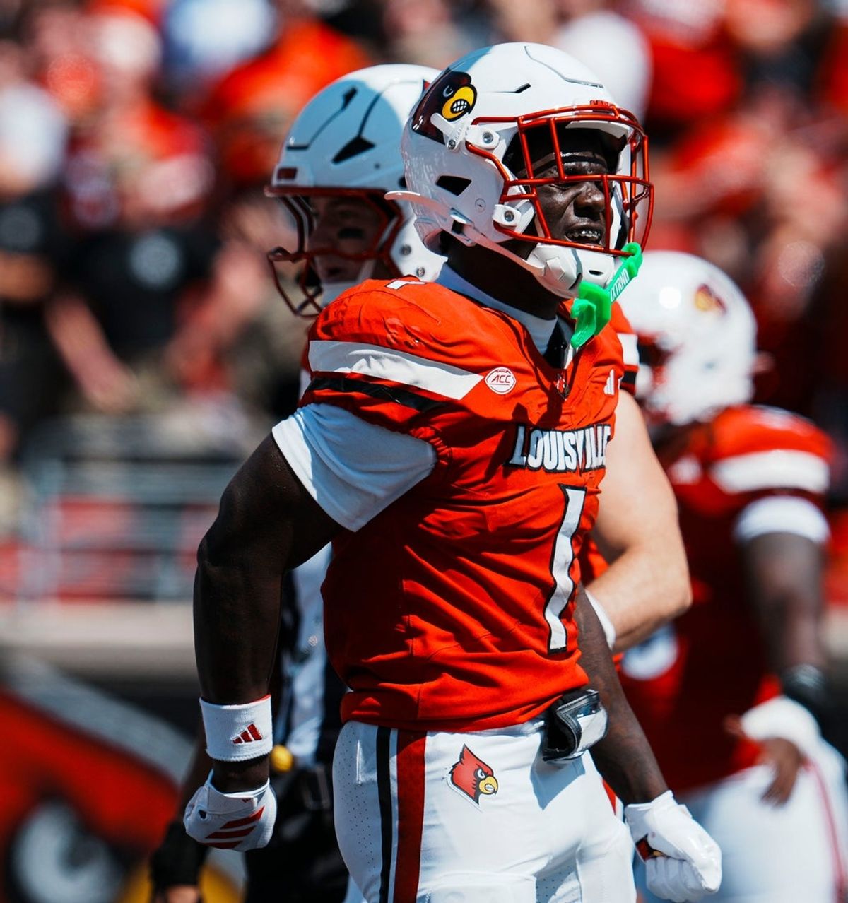 Louisville Cardinals running back Isaac Brown (1) celebrates one of his two touchdowns in the first half as the Cards' 51-17 win over Eastern Kentucky University at the Cardinals' season opener Saturday, August 30, 2025 at L&N Federal Credit Union Stadium in Louisville, Kentucky.