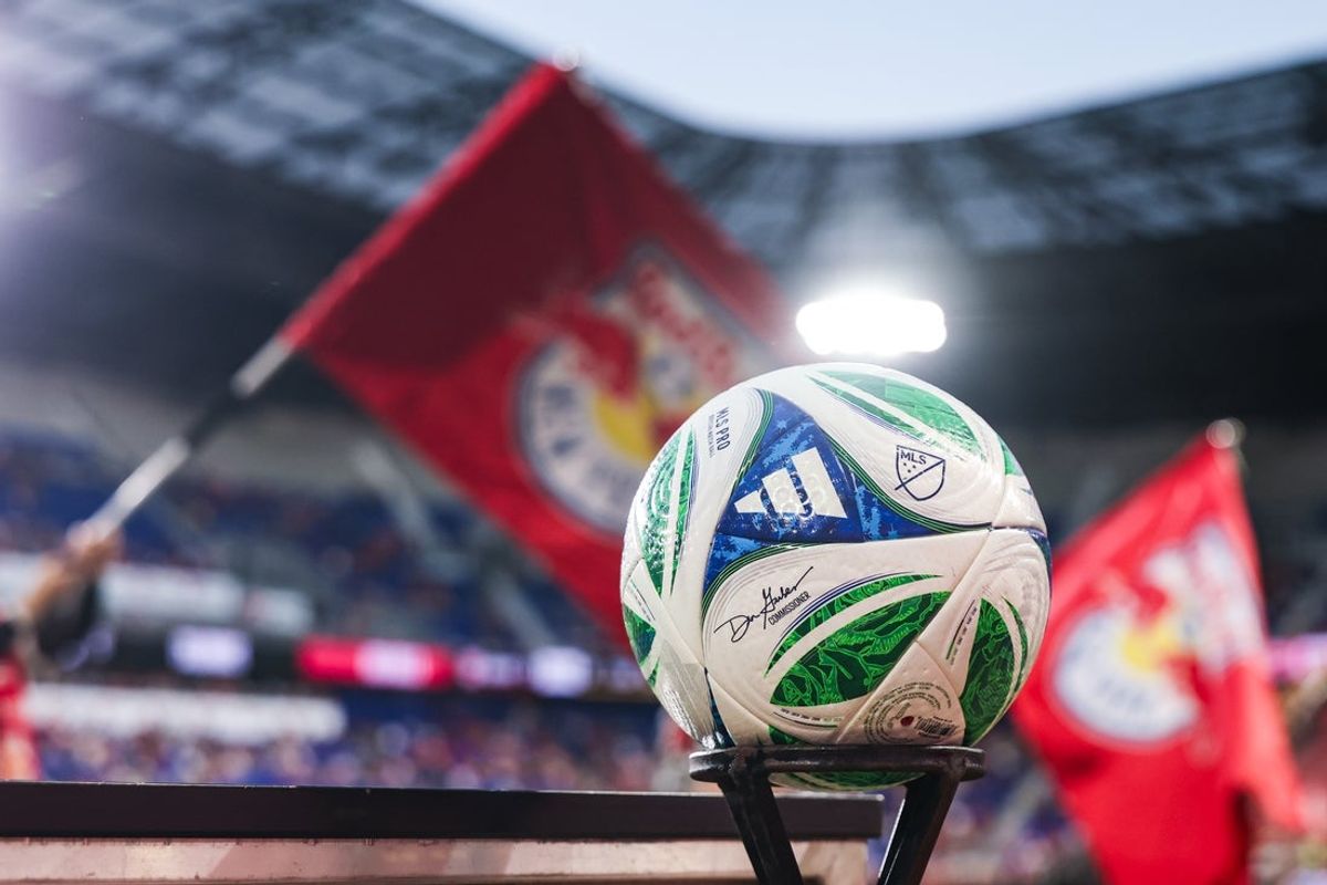 Aug 30, 2025; Harrison, New Jersey, USA; A general view of a game ball before the match between the New York Red Bulls and the Columbus Crew at Sports Illustrated Stadium. Mandatory Credit: Vincent Carchietta-Imagn Images