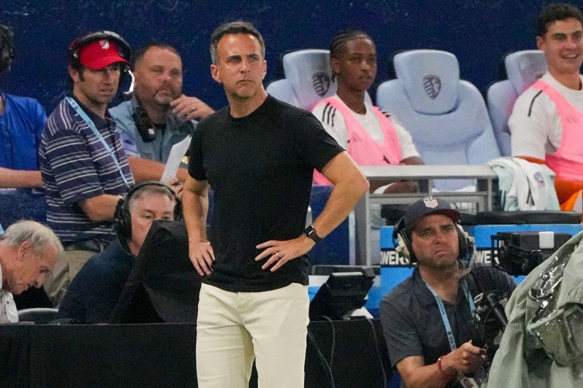 Aug 30, 2025; Kansas City, Kansas, USA; Sporting Kansas City interim head coach Kerry Zavagnin watches play against the Colorado Rapids during the first half of the game at Children's Mercy Park. Mandatory Credit: Denny Medley-Imagn Images