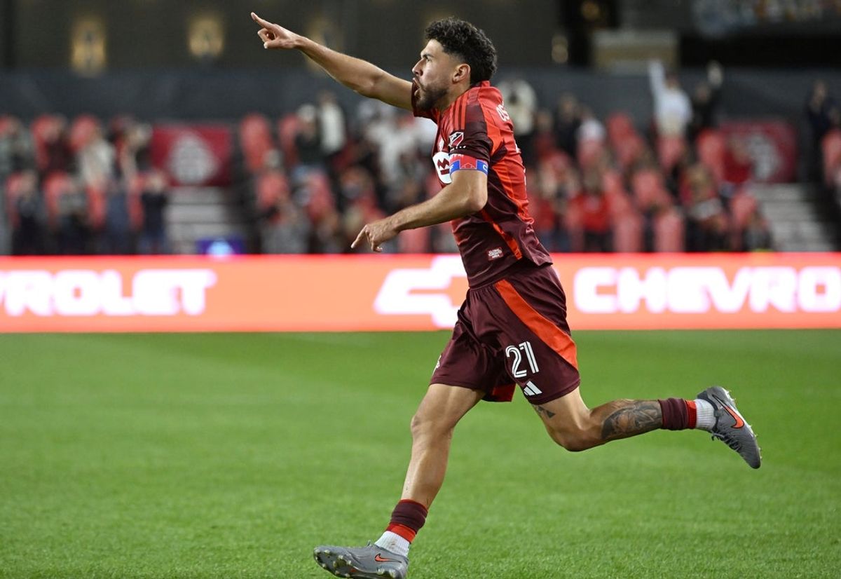 Aug 30, 2025; Toronto, Ontario, CAN;  Toronto FC midfielder Jonathan Osorio (21) celebrates after scoring a goal against CF Montreal in the second half at BMO Field. Mandatory Credit: Dan Hamilton-Imagn Images