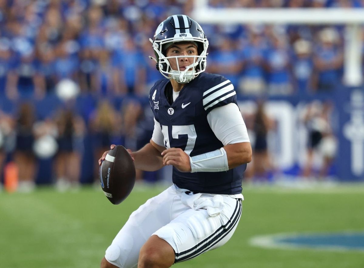 Aug 30, 2025; Provo, Utah, USA; Brigham Young Cougars quarterback Bear Bachmeier (47) looks to pass against the Portland State Vikings during the second quarter at LaVell Edwards Stadium. Mandatory Credit: Rob Gray-Imagn Images