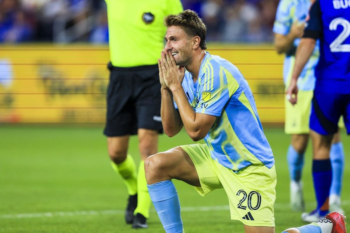 Aug 30, 2025; Cincinnati, Ohio, USA; Philadelphia Union forward Bruno Damiani (20) reacts after a play in the second half against FC Cincinnati at TQL Stadium. Mandatory Credit: Katie Stratman-Imagn Images