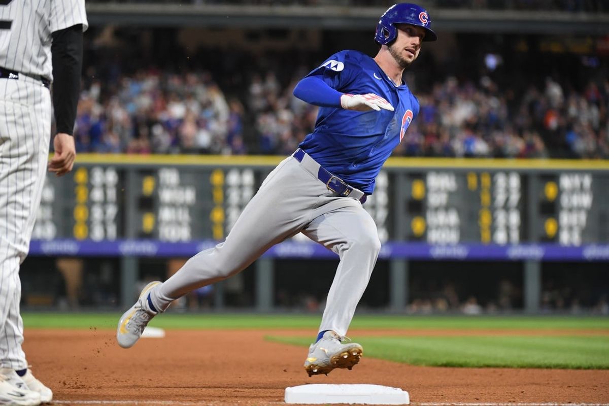 Aug 30, 2025; Denver, Colorado, USA; Chicago Cubs outfielder Kyle Tucker (30) rounds third base and scores during the fifth inning against the Colorado Rockies at Coors Field. Mandatory Credit: Christopher Hanewinckel-Imagn Images