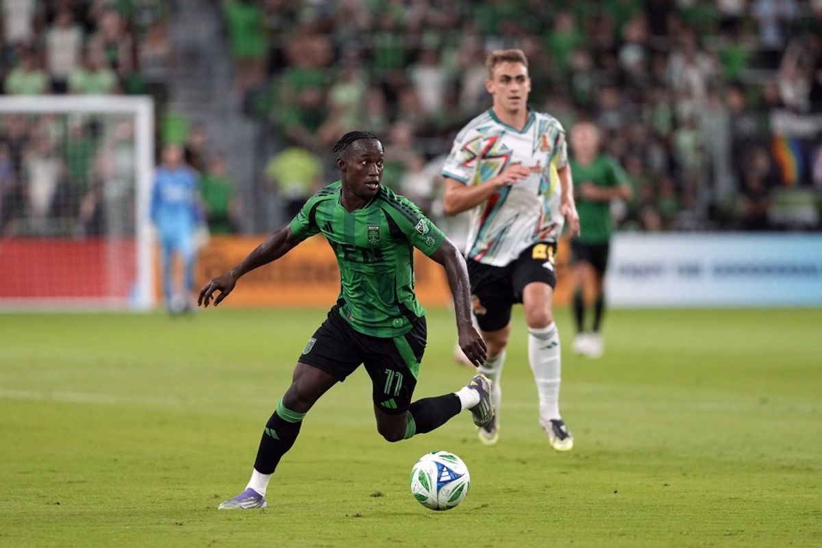Aug 30, 2025; Austin, Texas, USA; Austin FC forward Osman Bukari (11) looks to pass the ball during the first half against the San Jose Earthquakes at Q2 Stadium. Mandatory Credit: Scott Wachter-Imagn Images