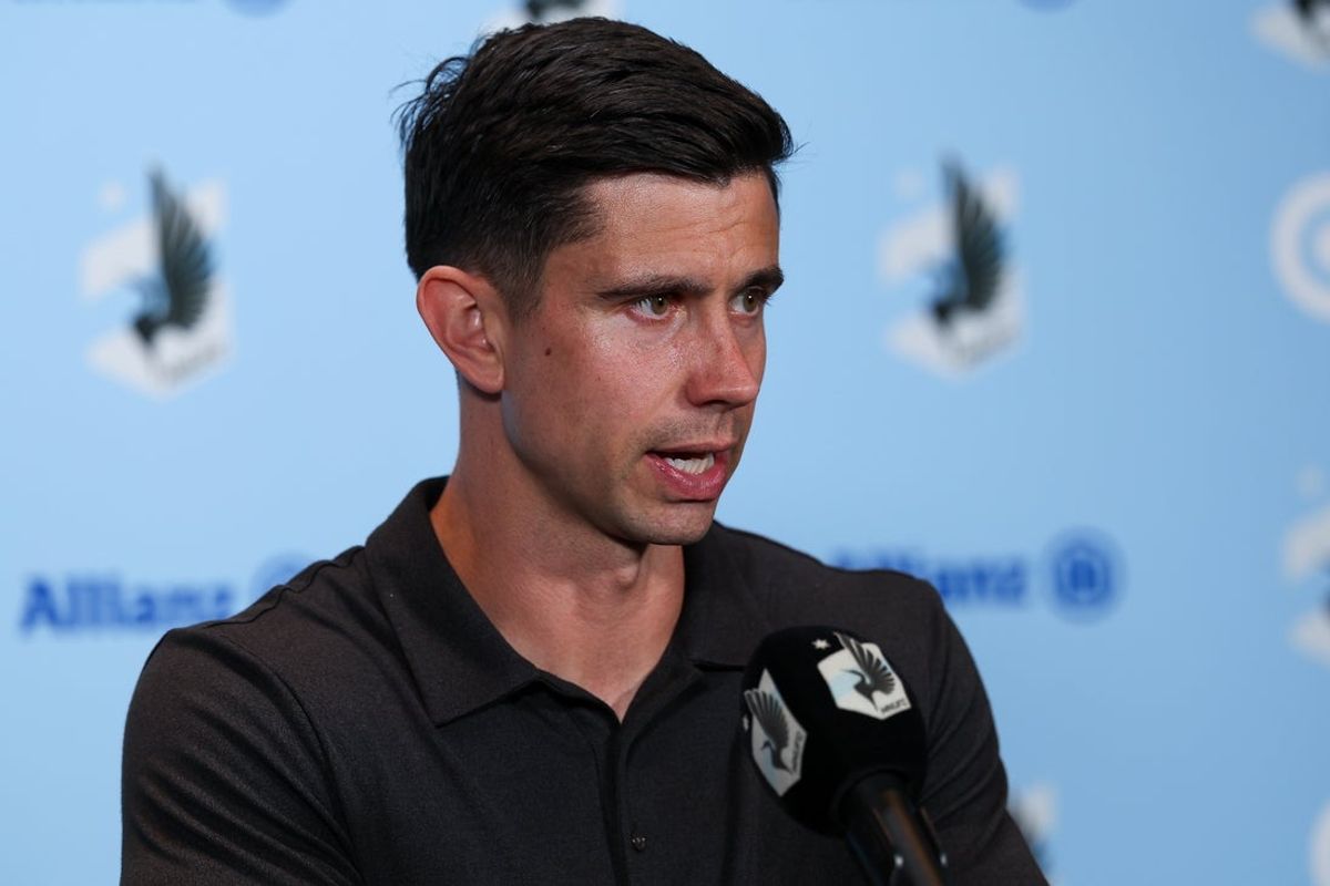 Aug 30, 2025; Saint Paul, Minnesota, USA; Minnesota United head coach Eric Ramsay talks to the media after the game against the Portland Timbers at Allianz Field. Mandatory Credit: Matt Krohn-Imagn Images