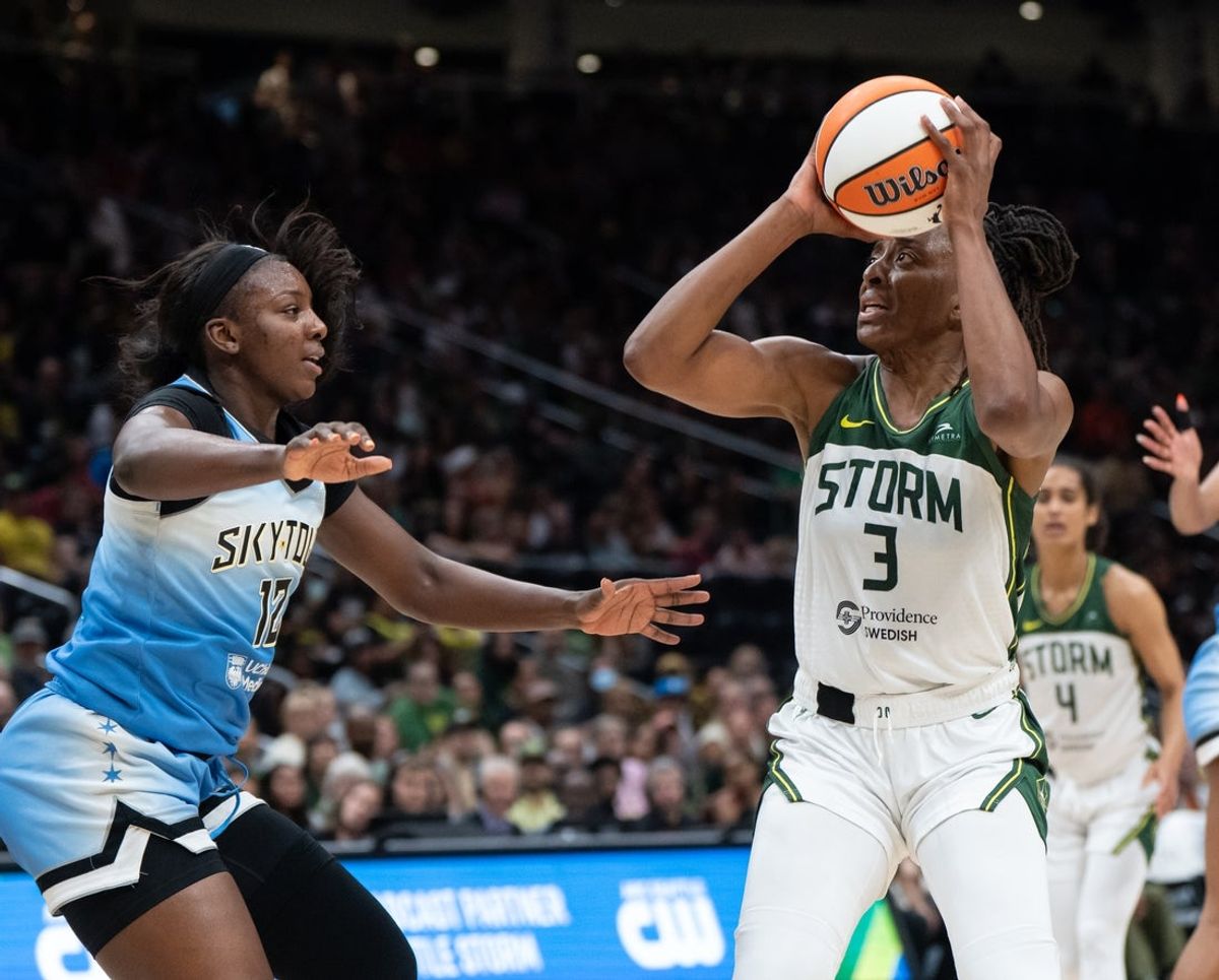 Aug 27, 2025; Seattle, Washington, USA; Seattle Storm forward Nneka Ogwumike (3) shoots the ball Chicago Sky forward Michaela Onyenwere (12) during the first half at T-Mobile Park. Mandatory Credit: Stephen Brashear-Imagn Images