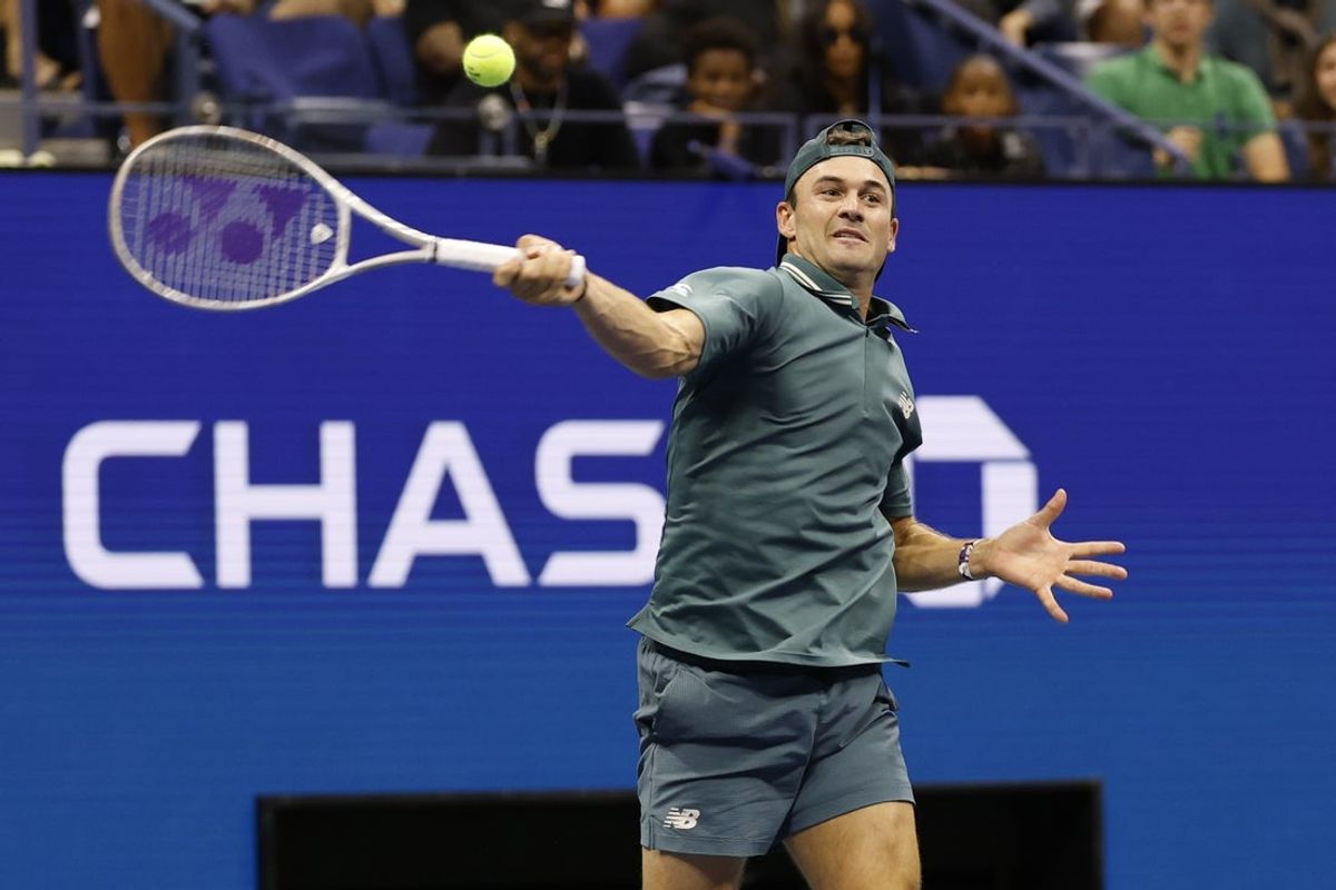 Aug 30, 2025; Flushing, NY, USA; Tommy Paul (USA) hits a forehand against Alexander Bublik (KAZ) (not pictured) on day seven of the 2025 US Open tennis championships at Billie Jean King National Tennis Center. Mandatory Credit: Geoff Burke-Imagn Images