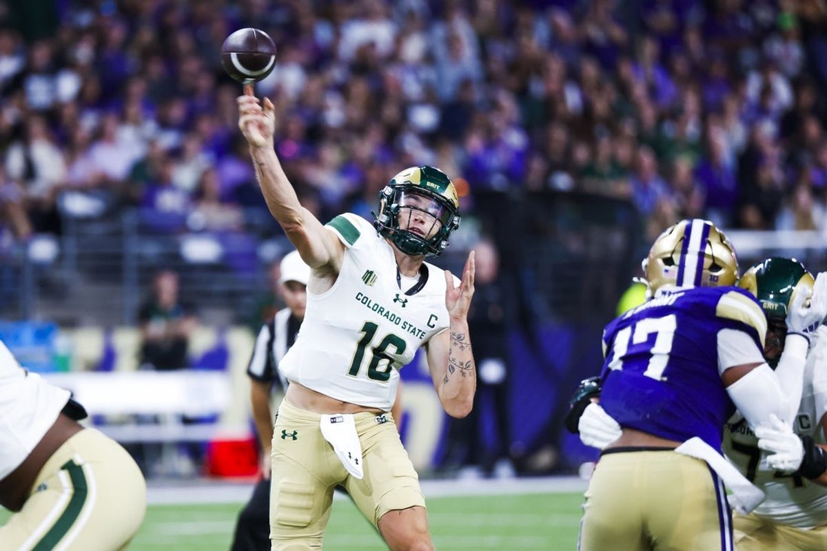 Aug 30, 2025; Seattle, Washington, USA; Colorado State Rams quarterback Brayden Fowler-Nicolosi (16) passes against the Washington Huskies during the first quarter at Husky Stadium. Mandatory Credit: Joe Nicholson-Imagn Images