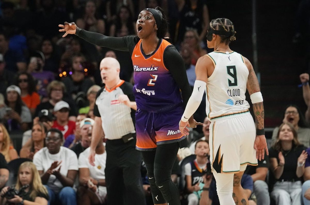 Mercury guard Kahleah Copper (2) celebrates her 3-pointer over New York Liberty guard Natasha Cloud (9) at PHX Arena on Aug 30, 2025, in Phoenix.