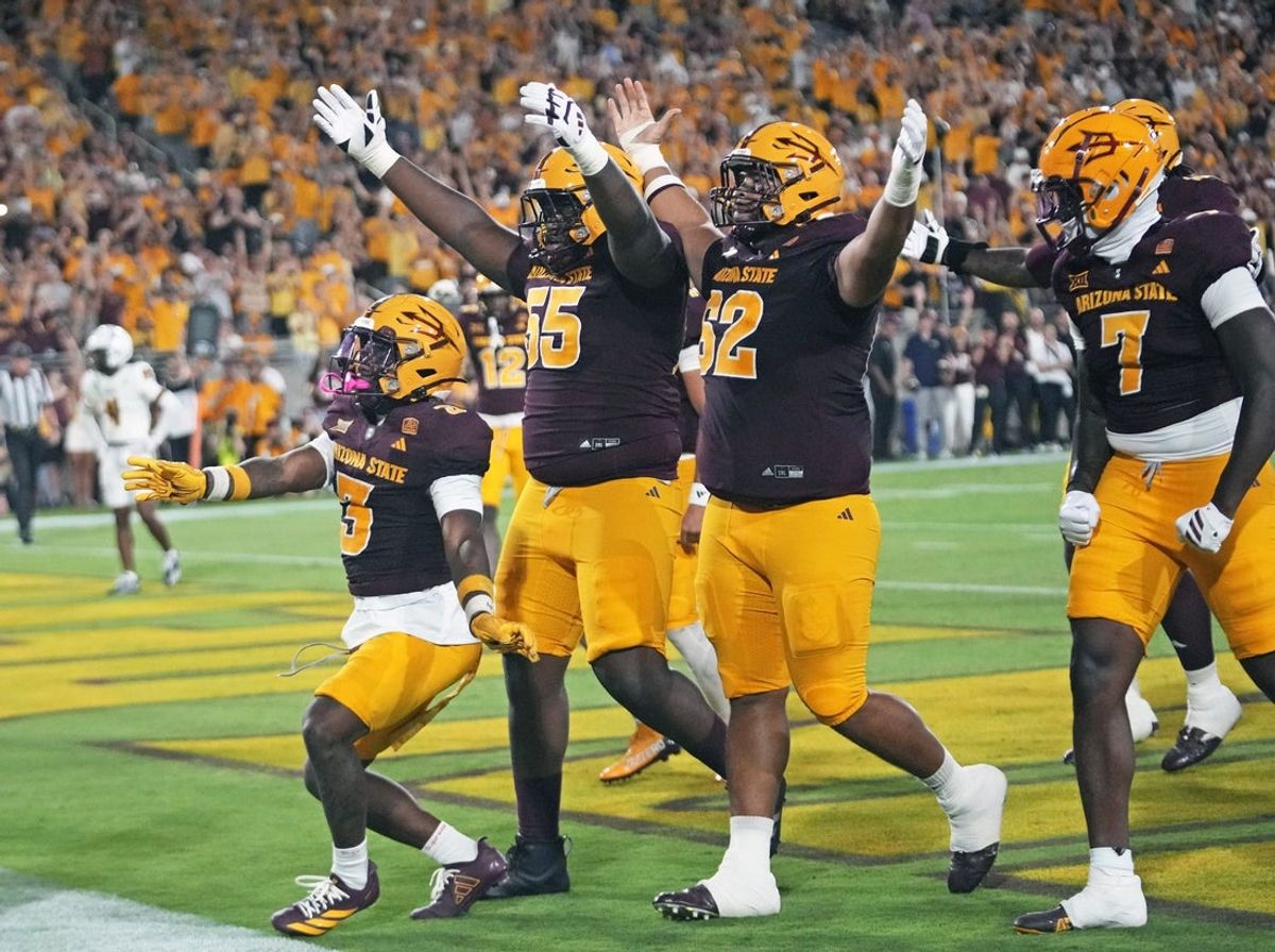Arizona State Sun Devils celebrate their first touchdown against the Northern Arizona Lumberjacks during a football game at Mountain America Stadium in Tempe on Aug. 30, 2025.