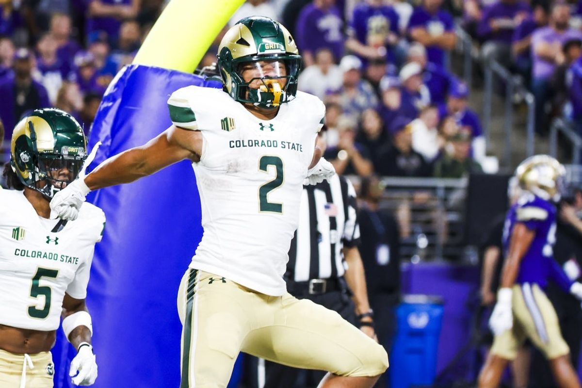 Aug 30, 2025; Seattle, Washington, USA; Colorado State Rams running back Jalen Dupree (2) celebrates after rushing for a touchdown against the Washington Huskies during the second quarter at Husky Stadium. Mandatory Credit: Joe Nicholson-Imagn Images