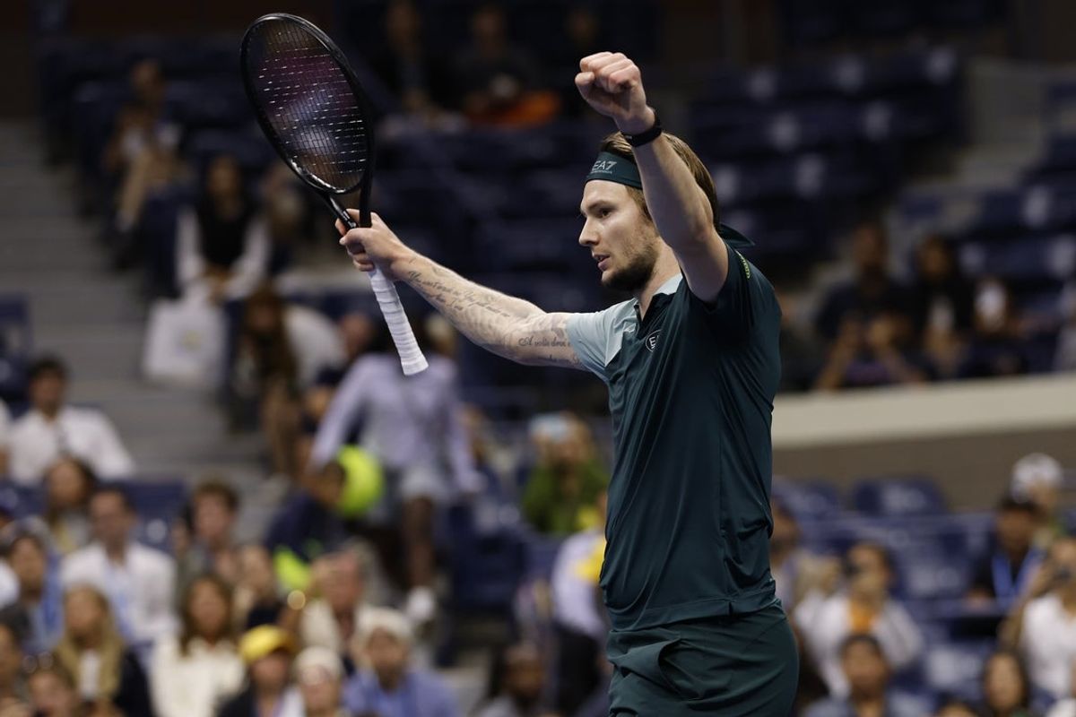 Aug 30, 2025; Flushing, NY, USA; Alexander Bublik (KAZ) celebrates after match point against Tommy Paul (USA) (not pictured) on day seven of the 2025 US Open tennis championships at Billie Jean King National Tennis Center. Mandatory Credit: Geoff Burke-Imagn Images