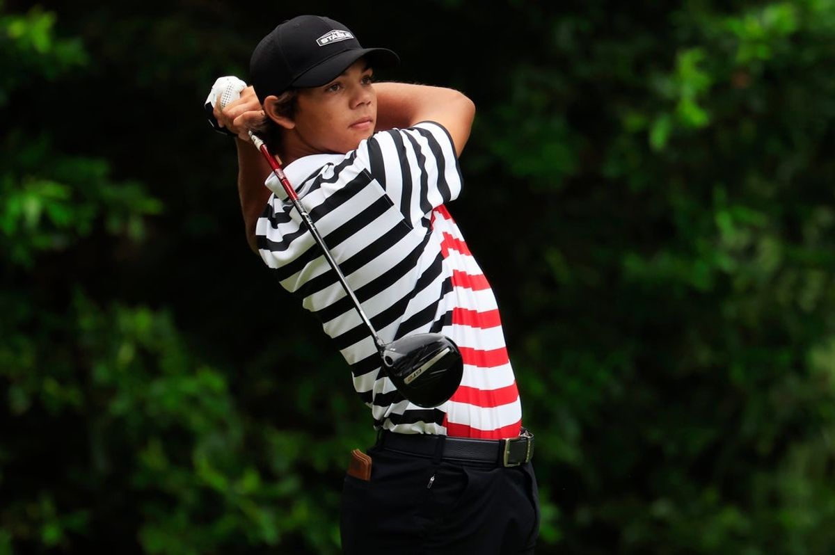 Charlie Woods of Jupiter, Fla. tees off on the 14th hole during the third and final round of The Junior Players Championship golf tournament at TPC Sawgrass, Sunday, Aug. 31, 2025, in Ponte Vedra Beach, Fla.