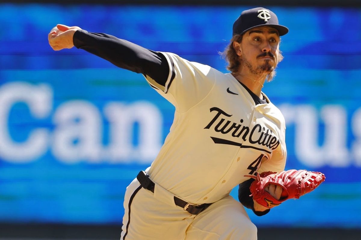 Aug 31, 2025; Minneapolis, Minnesota, USA; Minnesota Twins starting pitcher Joe Ryan (41) throws to the San Diego Padres in the first inning at Target Field. Mandatory Credit: Bruce Kluckhohn-Imagn Images