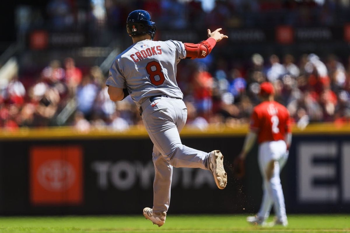 Aug 31, 2025; Cincinnati, Ohio, USA; St. Louis Cardinals catcher Jimmy Crooks (8) runs the bases after hitting a solo home run in the seventh inning against the Cincinnati Reds at Great American Ball Park. Mandatory Credit: Katie Stratman-Imagn Images