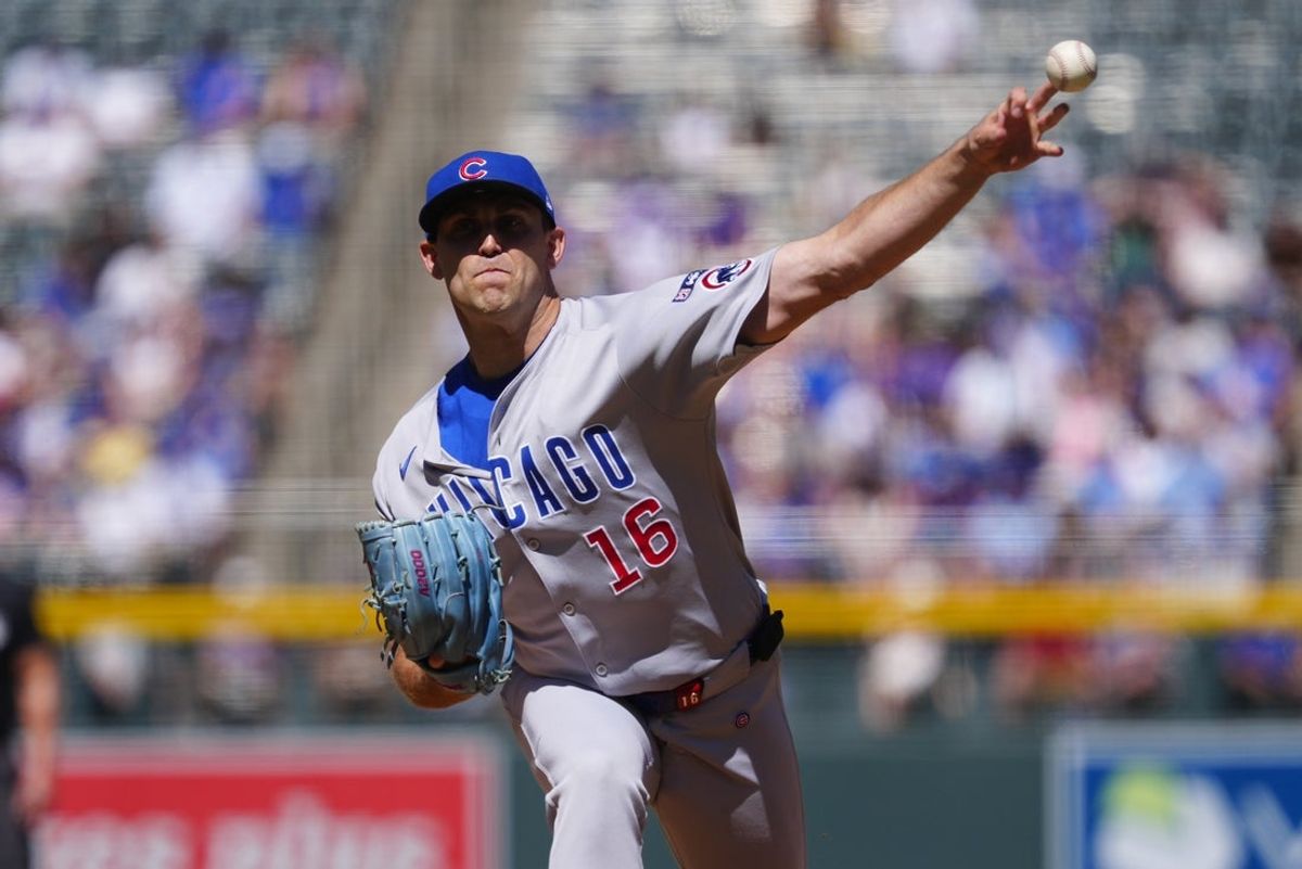 Aug 31, 2025; Denver, Colorado, USA; Chicago Cubs pitcher Matthew Boyd (16) delivers a pitch in the first inning against the Colorado Rockies at Coors Field. Mandatory Credit: Ron Chenoy-Imagn Images