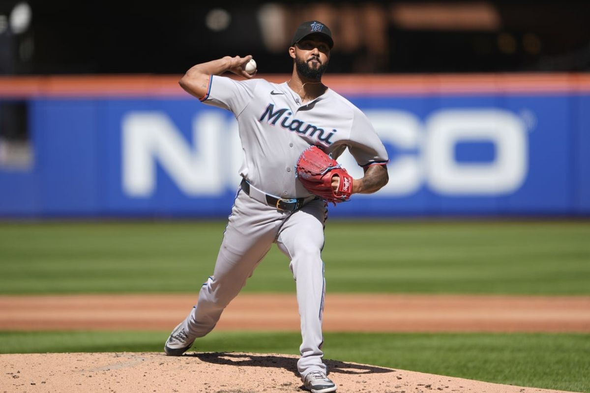 Aug 31, 2025; New York City, New York, USA; Miami Marlins pitcher Sandy Alcantara (22) delivers a pitch against the New York Mets during the third inning at Citi Field. Mandatory Credit: Gregory Fisher-Imagn Images