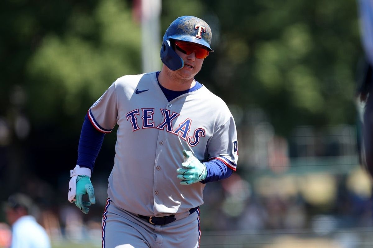 Aug 31, 2025; West Sacramento, California, USA; Texas Rangers designated hitter Joc Pederson (4) runs the bases after hitting a two-run home run against the Athletics during the first inning at Sutter Health Park. Mandatory Credit: Dennis Lee-Imagn Images