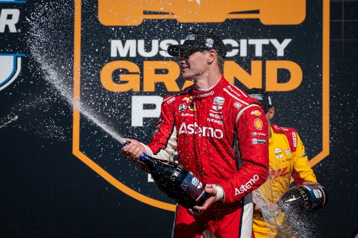 NTT IndyCar Series driver Josef Newgarden celebrates after winning the Music City Grand Prix at the Nashville Superspeedway in Lebanon, Tenn., Sunday, Aug. 31, 2025.