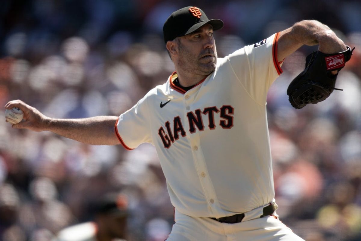Aug 31, 2025; San Francisco, California, USA; San Francisco Giants starting pitcher Justin Verlander (35) delivers a pitch against the Baltimore Orioles during the second inning at Oracle Park. Mandatory Credit: D. Ross Cameron-Imagn Images