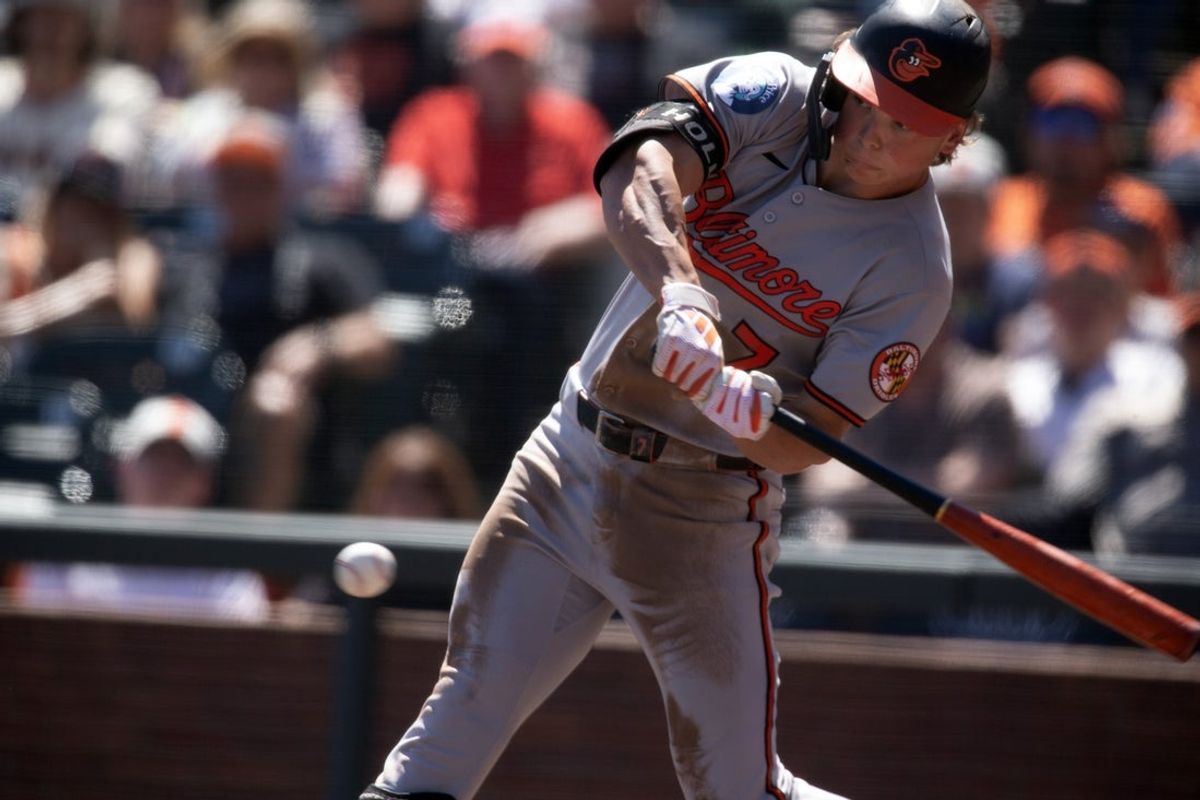 Aug 31, 2025; San Francisco, California, USA; Baltimore Orioles second baseman Jackson Holliday (7) grounds out to first base against the San Francisco Giants during the second inning at Oracle Park. Mandatory Credit: D. Ross Cameron-Imagn Images