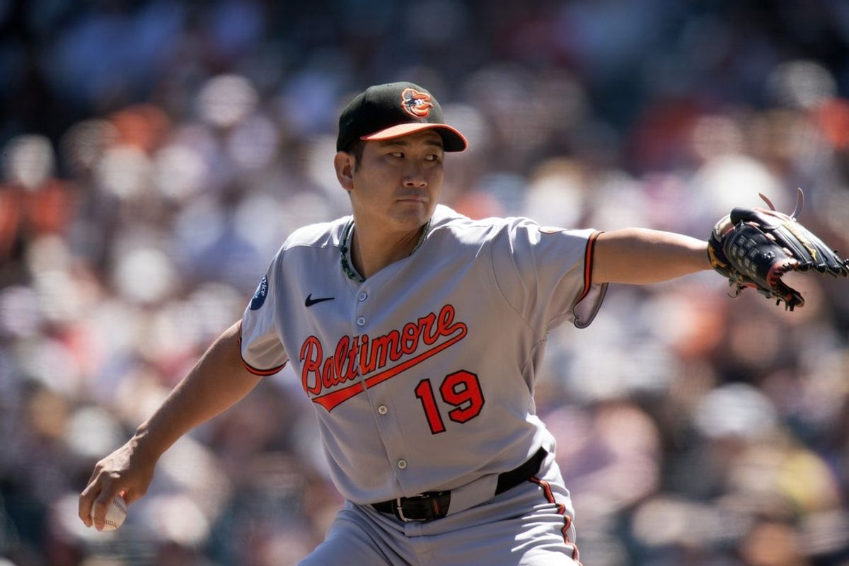 Aug 31, 2025; San Francisco, California, USA; Baltimore Orioles starting pitcher Tomoyuki Sugano (19) delivers a pitch against the San Francisco Giants during the second inning at Oracle Park. Mandatory Credit: D. Ross Cameron-Imagn Images