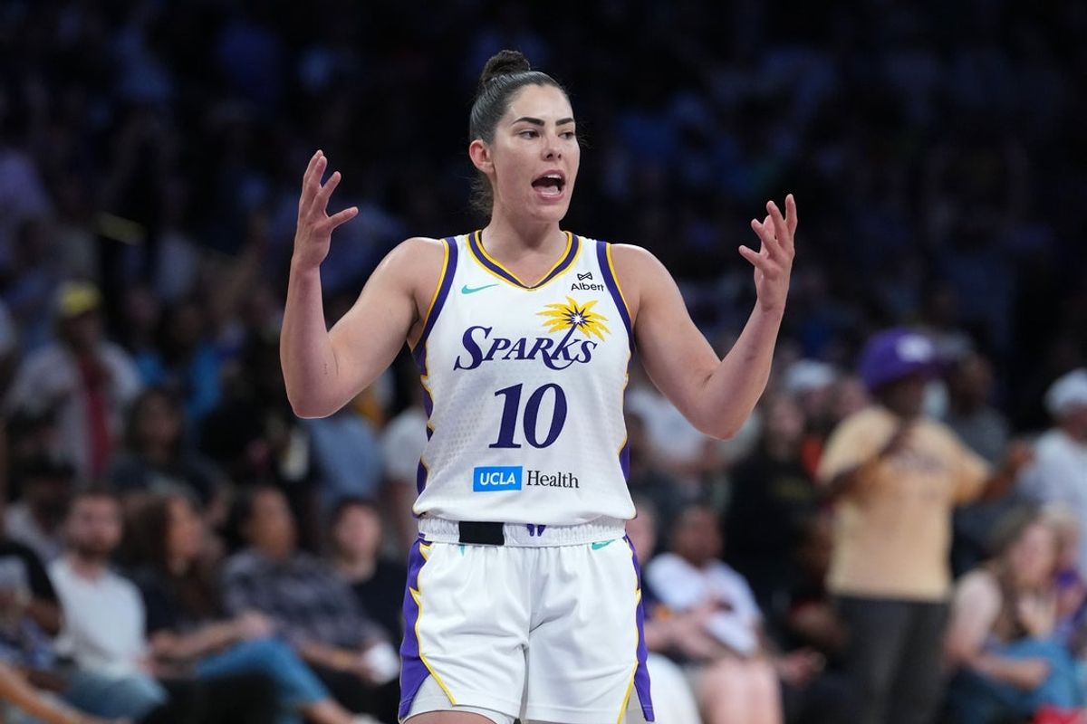 Aug 31, 2025; Los Angeles, California, USA; LA Sparks guard Kelsey Plum (10) reacts against the Washington Mystics in the second half at Crypto.com Arena. Mandatory Credit: Kirby Lee-Imagn Images