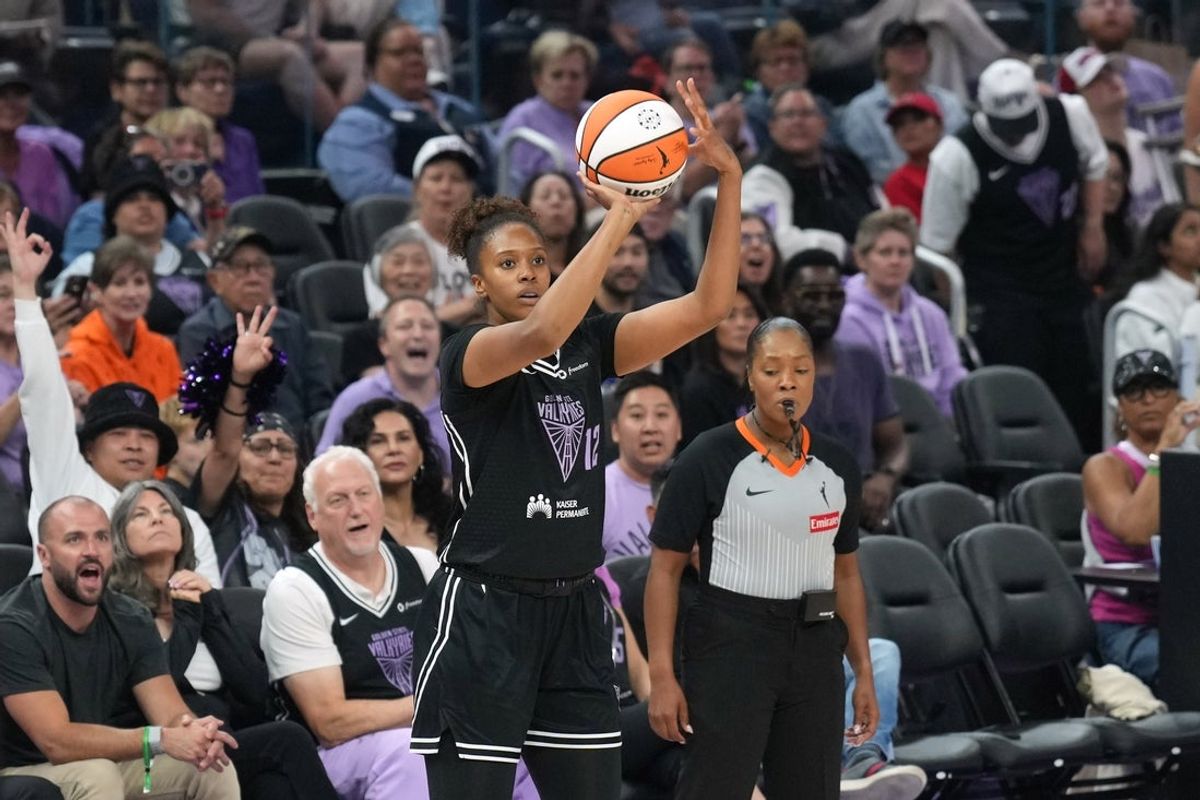 Aug 31, 2025; San Francisco, California, USA; Golden State Valkyries center Iliana Rupert (12) shoots against the Indiana Fever during the first quarter at Chase Center. Mandatory Credit: Darren Yamashita-Imagn Images